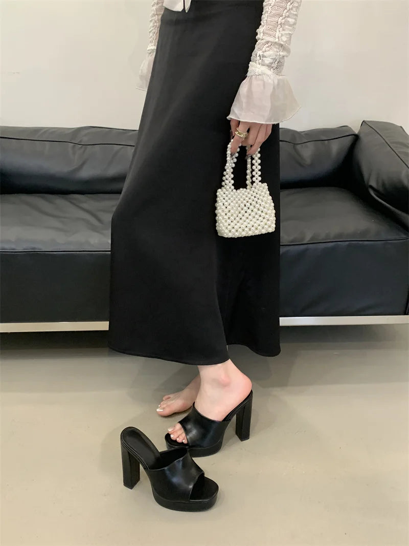 Liyke Sexy Thick High Heels Platform Slippers Black White Cozy PU Leather Open Toe 12CM Women Shoes Sandals Pumps Zapatos Mujer