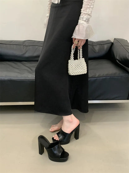Liyke Sexy Thick High Heels Platform Slippers Black White Cozy PU Leather Open Toe 12CM Women Shoes Sandals Pumps Zapatos Mujer