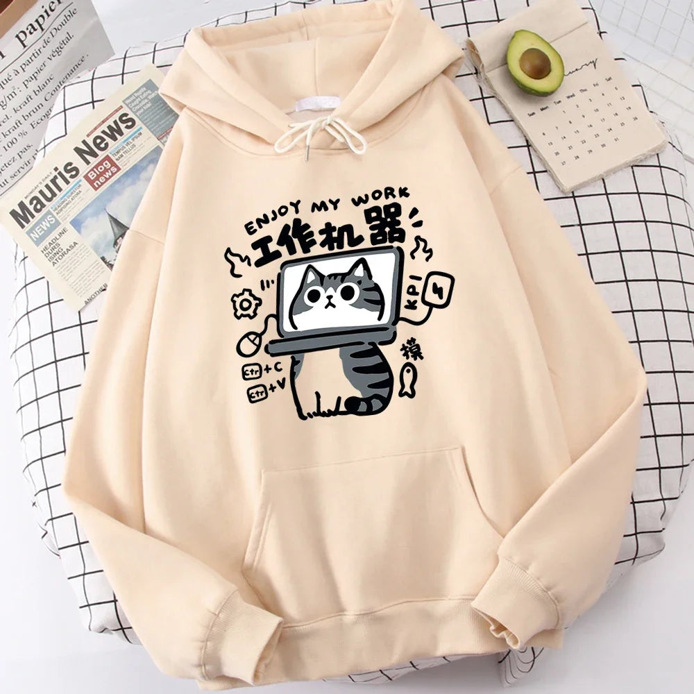 The Cartoon cat is an abstract working machine printed men's hoodie that is comfortable and casual