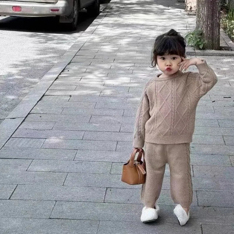 Girls Autumn Knitting Sweater Sets Pullover Girls Clothing Sets Winter Korean Sweater Pants Children Knitted Wool Trouser Suits