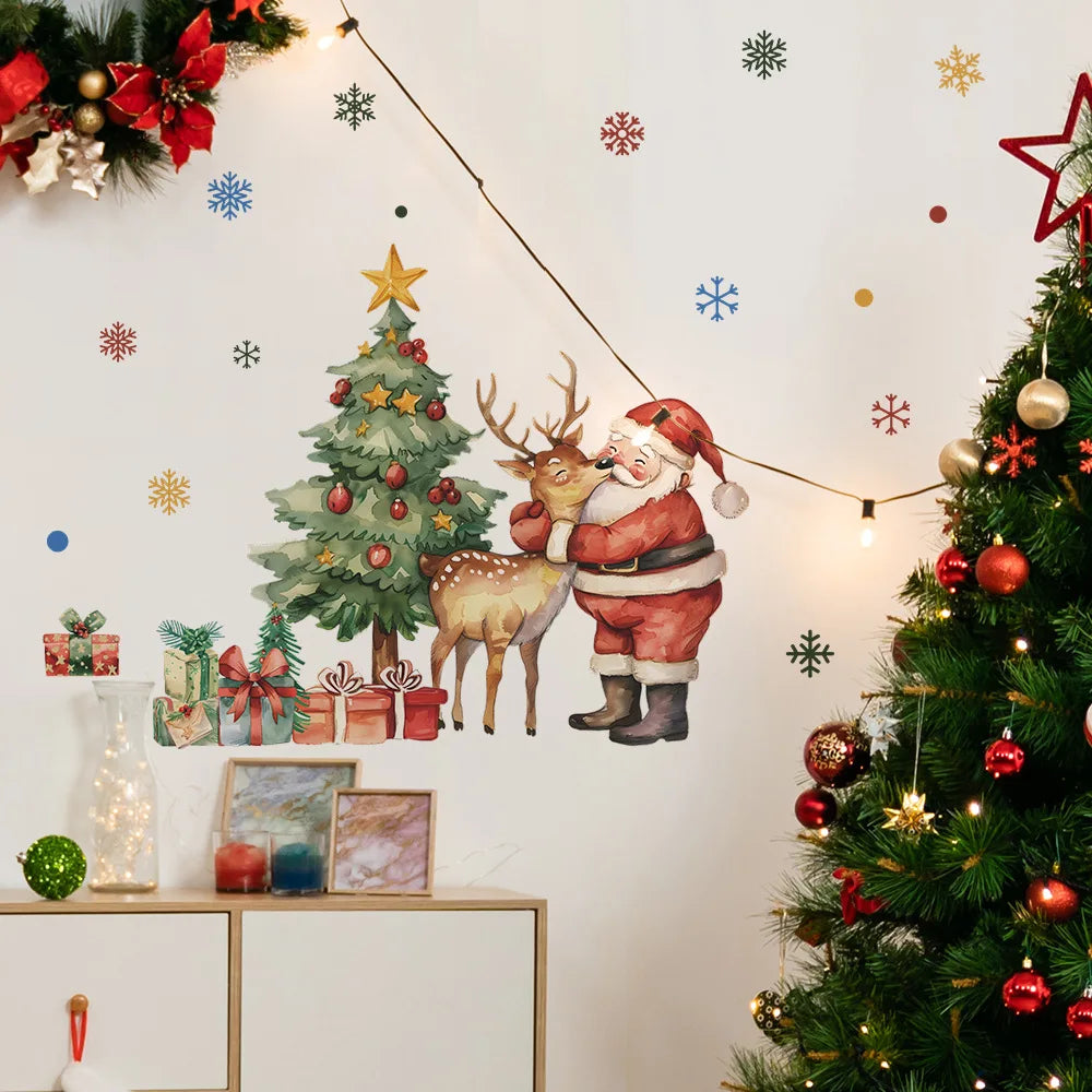 Cartoon Santa Claus Elk Wall Stickers Christmas Gifts Living Room Background Home Decoration Festival Mural New Year Wallpaper