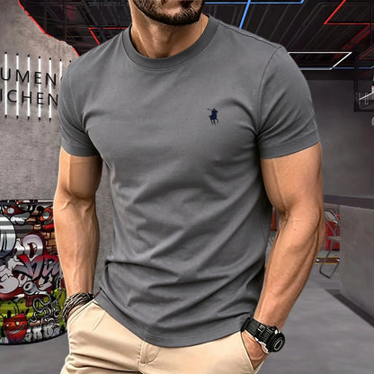 100% pure cotton 2026 high-end brand men's short sleeved round neck top summer fashion luxury pony embroidery top sports T-shirt