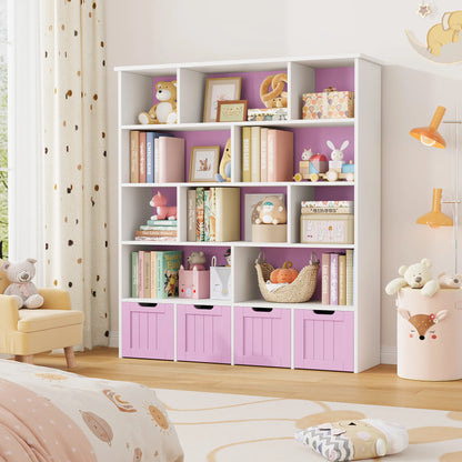 Getone Kids Toy Storage Unit Childrens Bookcase with 4 roller drawers 11 shelves Toy Organiser Kids Bookshelf for Nursery Playroom 125.5x33x146 cm White/ Pink