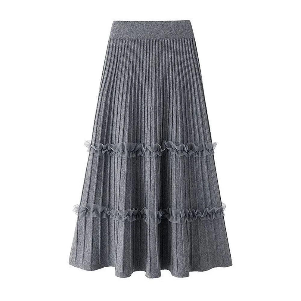 Lace Ruffle Mesh Patchwork Knitted Midi Pleated Skirt Women 2024 Autumn Winter High Waist Umbrella Solid Skirt A-Line Long Skirt