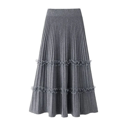 Lace Ruffle Mesh Patchwork Knitted Midi Pleated Skirt Women 2024 Autumn Winter High Waist Umbrella Solid Skirt A-Line Long Skirt