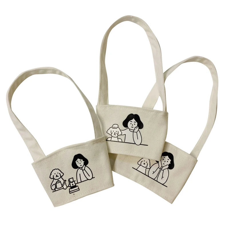 【Portable Water Bottle Holder Carry Bag Coffee Cup Storage Sleeve Cover Canvas Printing Milk Tea Set Drinking Bottle Strap】