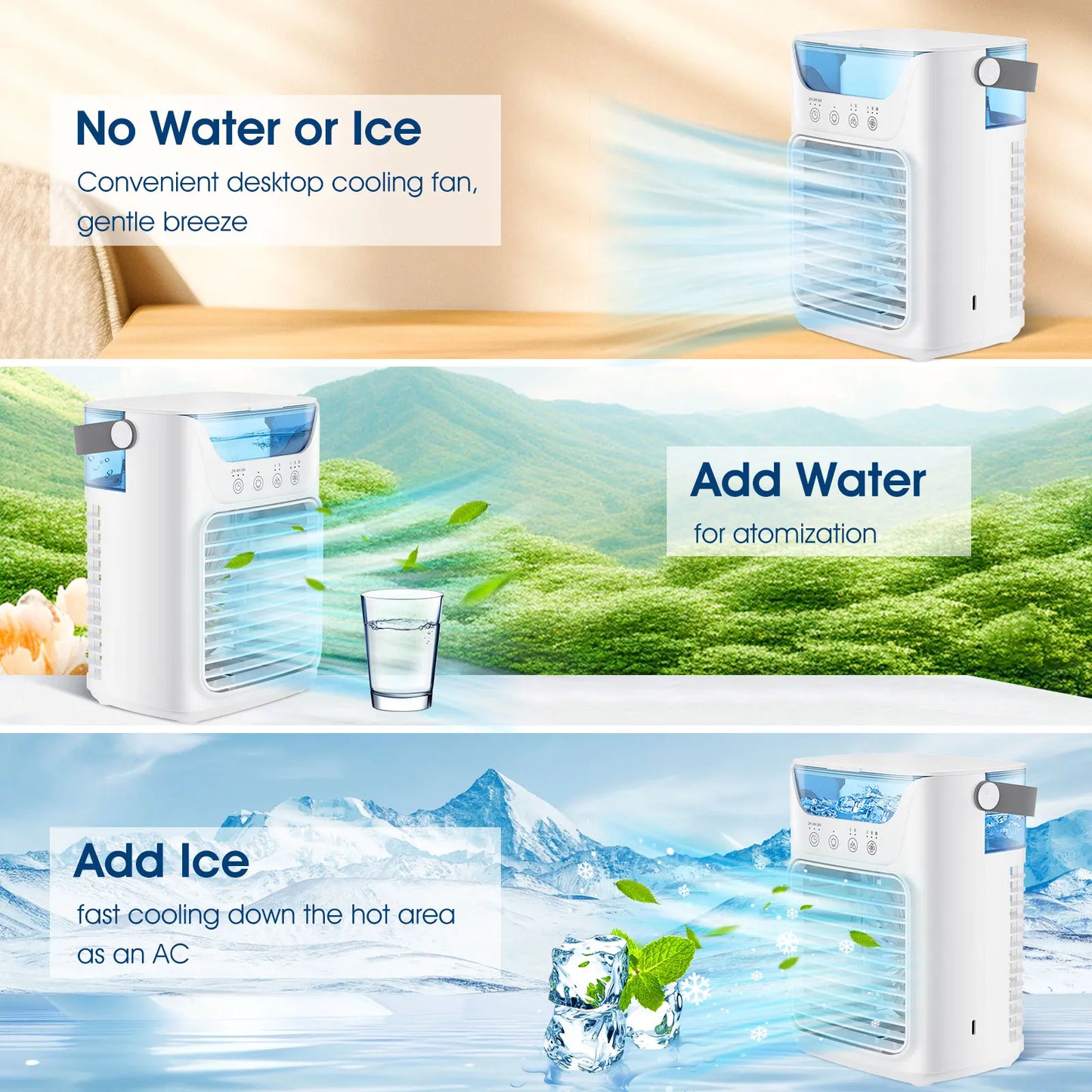 Portable Water Cooling Fan Small Air Humidifier Air Conditioner Water Mist Cooling 3 Speed Fan With Night Light For Home Office