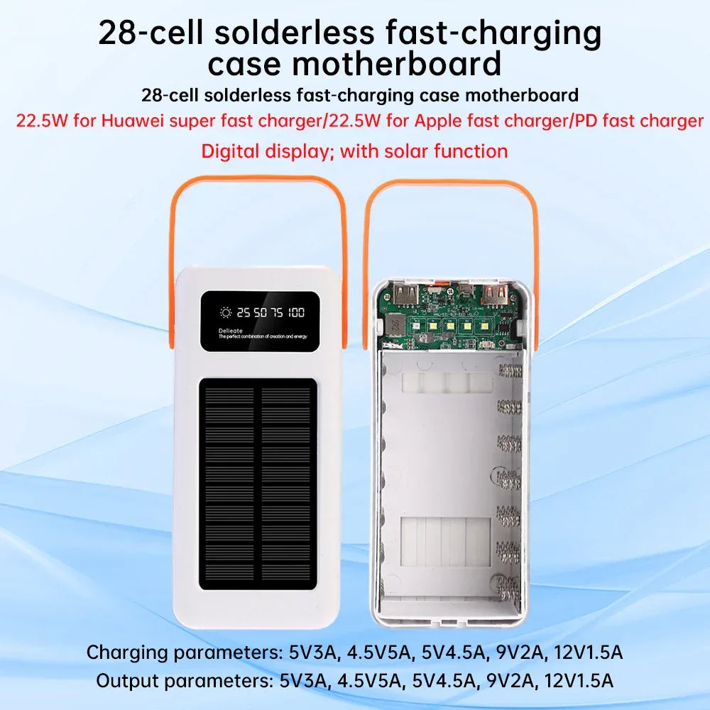28 Solar 18650 Flat Head Battery Power Bank Welding Free Kit 22.5W Fast Charging Mobile Power Kit Easy Assembly