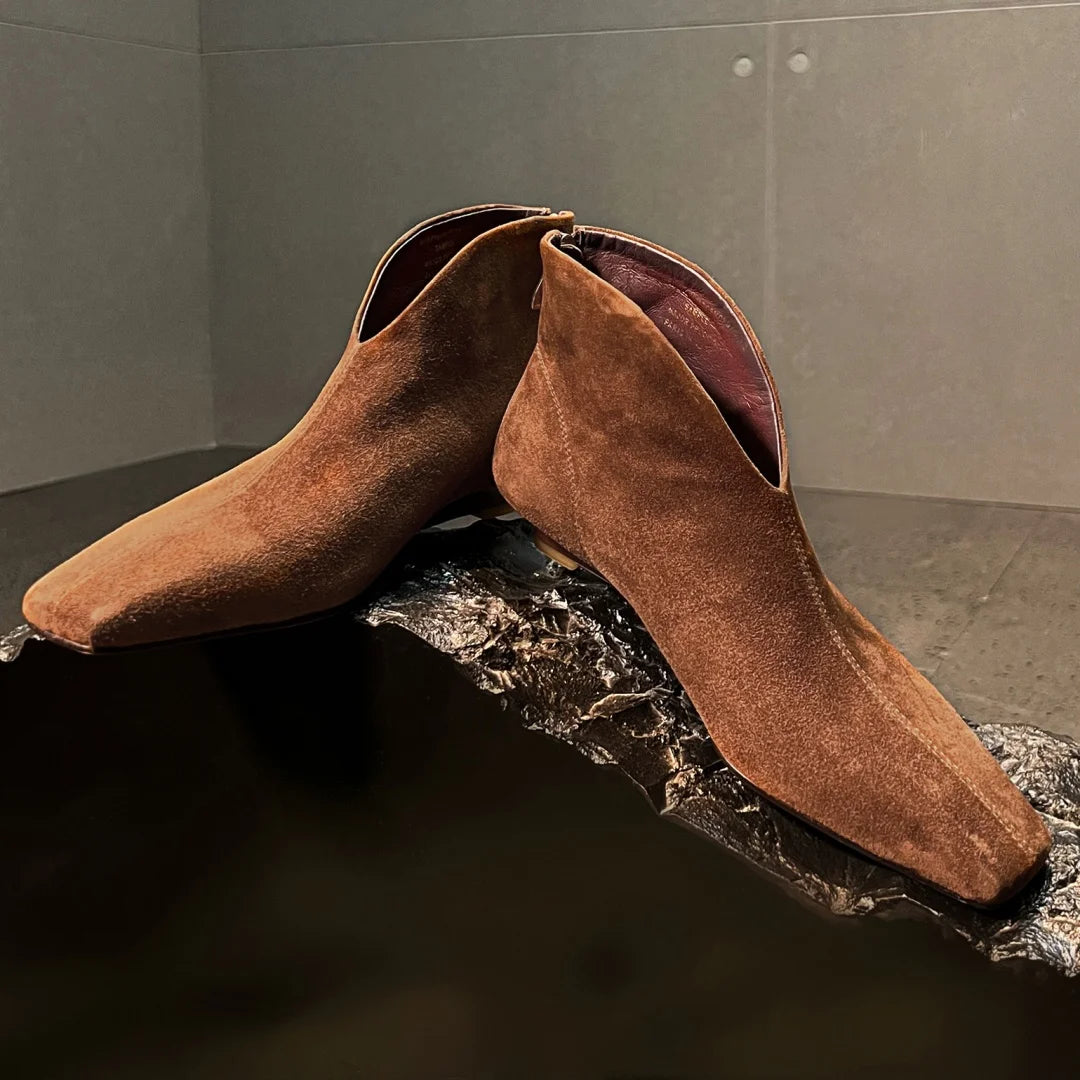 Women's natural suede leather pointed toe back zip kitten heel autumn ankle boots elegant ladies short booties shoes for woman