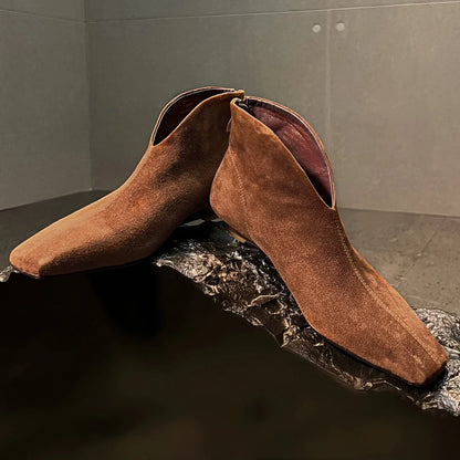 Women's natural suede leather pointed toe back zip kitten heel autumn ankle boots elegant ladies short booties shoes for woman