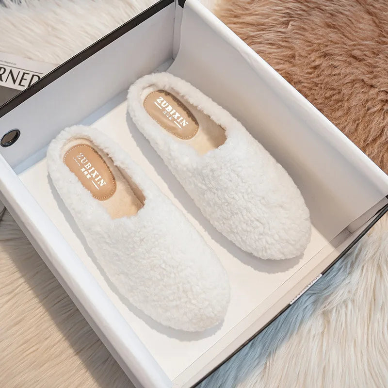 Big Size 43 Women Lambswool Slippers Winter Sheep Fur Shoes Ladies Flat Cotton Slides Home Pantuflas Daily Slip On Furry Mules