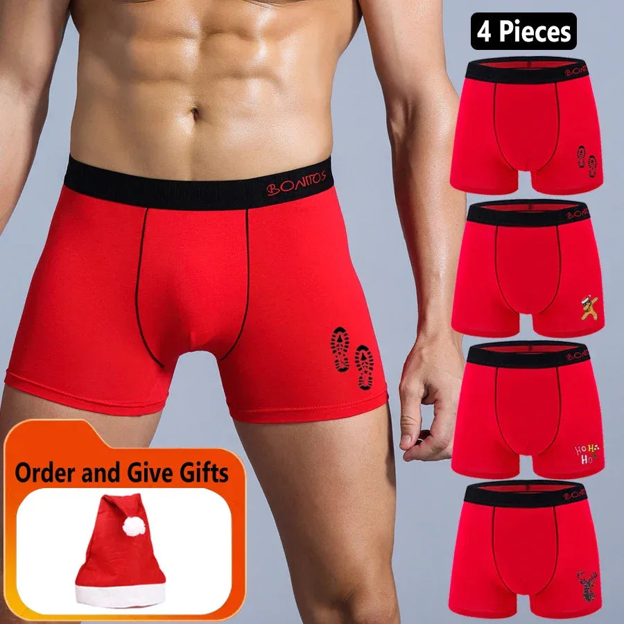 4pieces BONITOS Cotton Boxer Briefs Letter Waistband Men's Panties Print Boxers Underwear Men Underpants Gift Christmas Hat