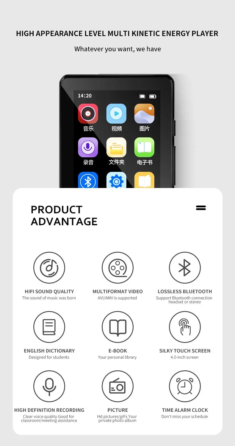 Metal Full Screen 3.0-inch MP3 Music Player Bluetooth 5.0 External Play Mini Portable Walkman/FM/eBook/Recorder MP4 Touch Screen