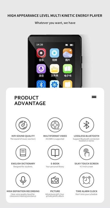Metal Full Screen 3.0-inch MP3 Music Player Bluetooth 5.0 External Play Mini Portable Walkman/FM/eBook/Recorder MP4 Touch Screen
