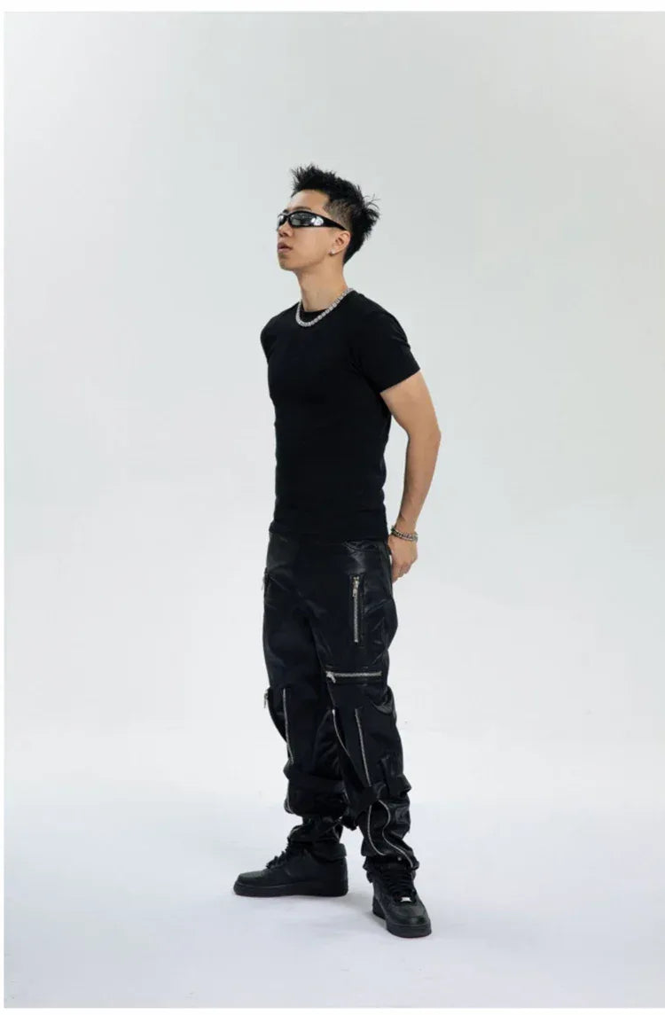 Mauroicardi Spring Autumn Cool Black Pu Leather Pants Men with Many Zippers Belt Luxury Designer Clothing Trousers Fashions 2023