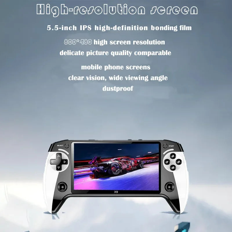 The X9 gaming console features a 5.5-inch high-resolution IPS display with P1 arcade-quality HD output, supporting dual-stick GB