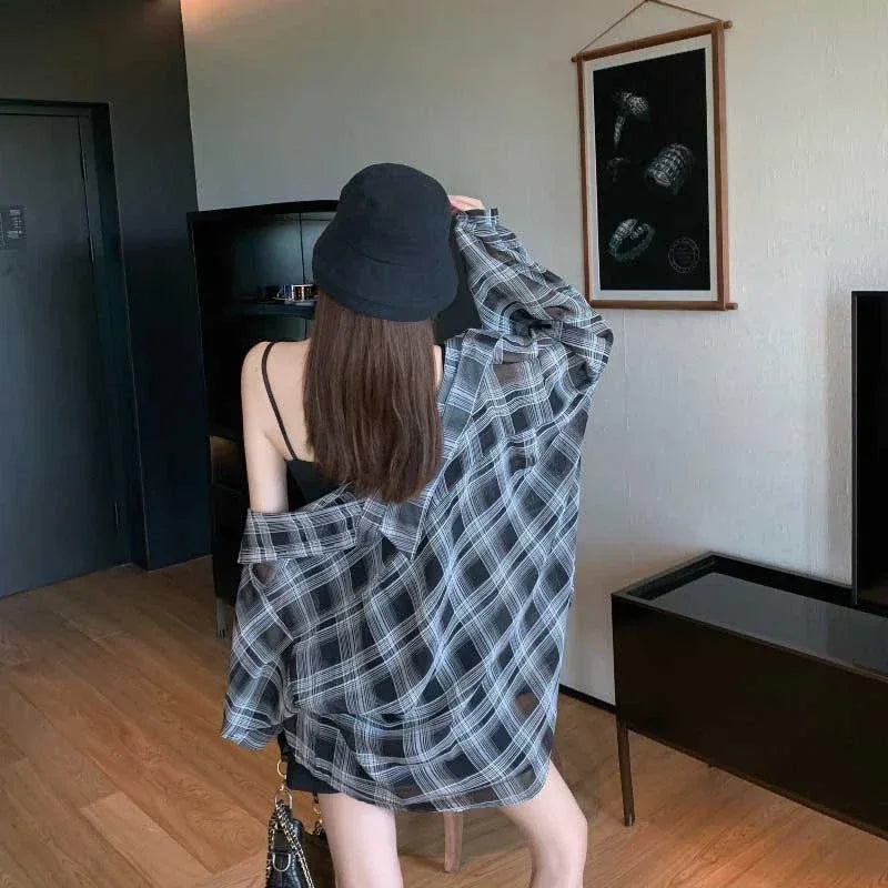 2024 Summer Autumn New Women's Shirt Thin Casual Street Style Shirt Outer Top Checkered Shirt Cardigan Coat for Women