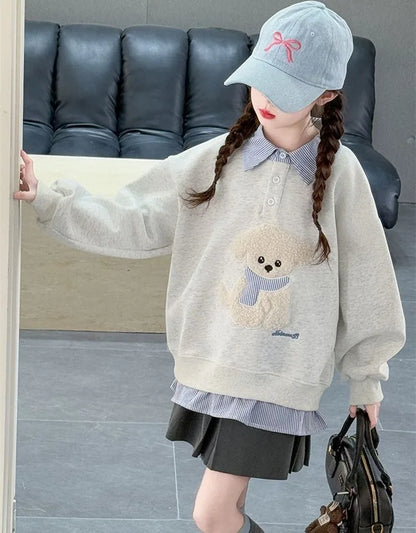 Sweatshirt Girls' 2025 New Faux Two-Piece Polo Hoodie Spring/Autumn Kids Medium-Large Loose Fit Cartoon Puppy Top