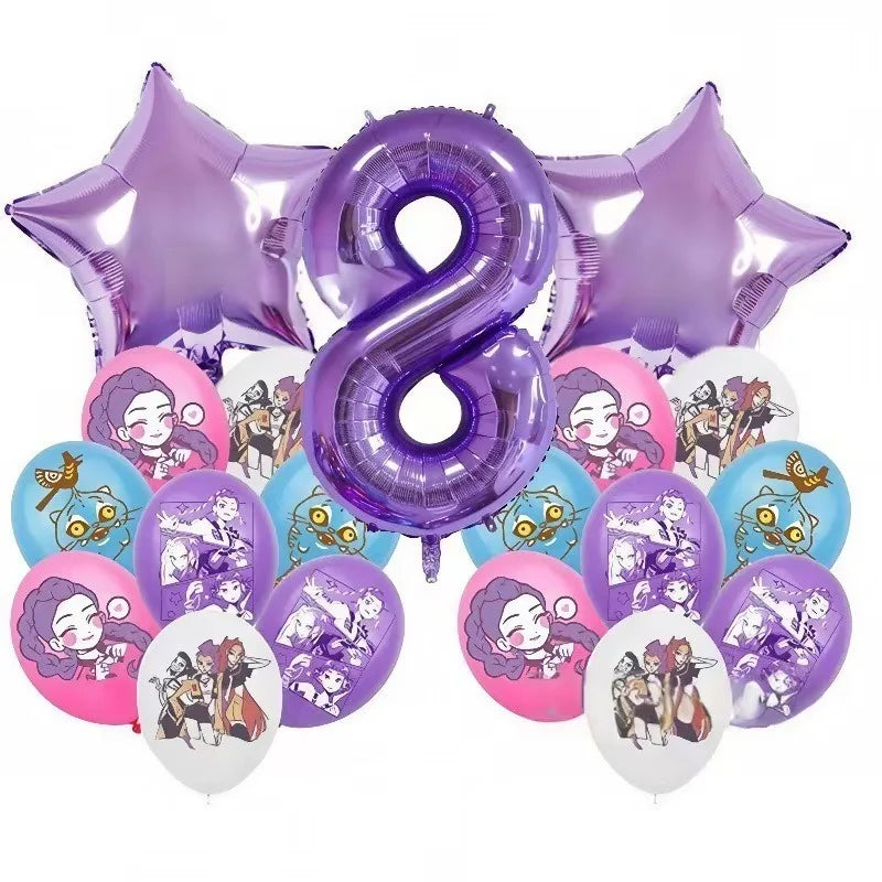 K P Foil Balloon Set Girl Group 1-9 Number & Purple Star Balloons Character Cake Toppers for Birthday Party & Photo Props