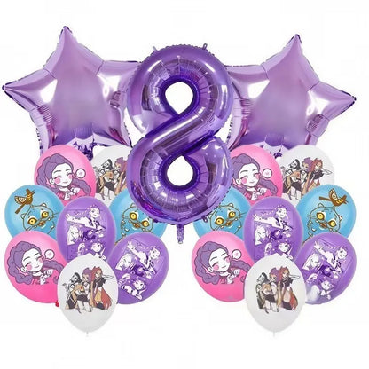 K P Foil Balloon Set Girl Group 1-9 Number & Purple Star Balloons Character Cake Toppers for Birthday Party & Photo Props