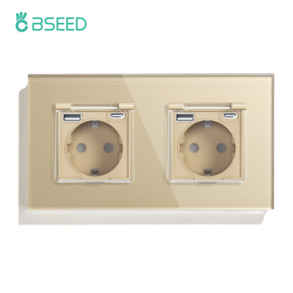 BSEED Single EU Wall Socket USB Type-c Ports Double Waterproof Cover Bathroom Power Sockets Triple Glass Electric Outlets 16A