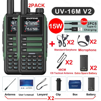 2Pack Baofeng 15W 50KM Waterproof Walkie Talkie 999CH AM FM 2-Way Radio Full Band LCD Screen Frequency Copy Noise Reduce UV16M