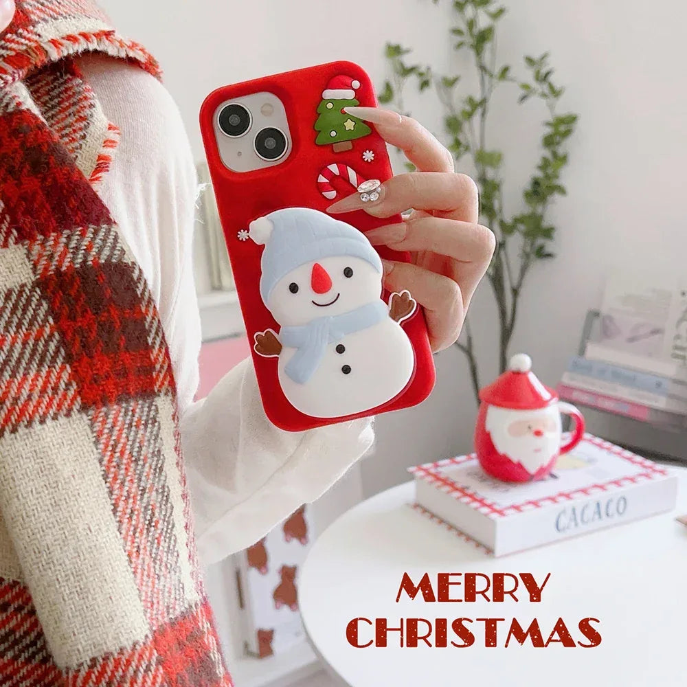 Cute 3D Cartoon Christmas Snow Man Telescopic Bracket Case For iPhone 16 15 14 13 12 Pro Max Soft Silicone Stand Holder Cover