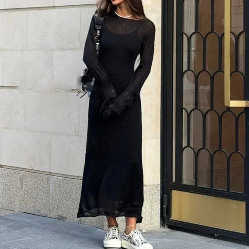 Spring Autumn O-Neck Elastic Knit Long Dresses Women 2024 Elegant Chic Soft Lady Hollowing Sweater Dresses Femme New