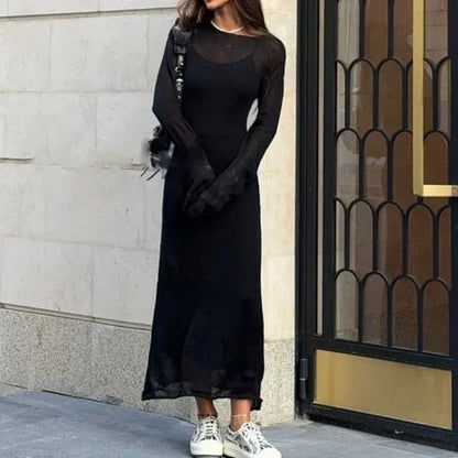 Spring Autumn O-Neck Elastic Knit Long Dresses Women 2024 Elegant Chic Soft Lady Hollowing Sweater Dresses Femme New