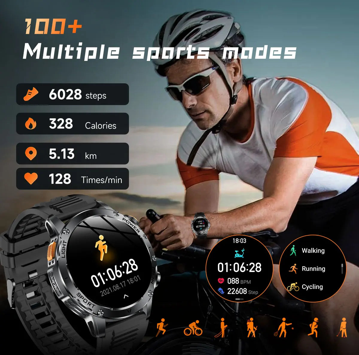 1.7" Large Screen Bluetooth Call Smart Watch Men‘s Sports Outdoor Flashlight 1000mAh Health Monitor Smartwatch for Man Male IP6