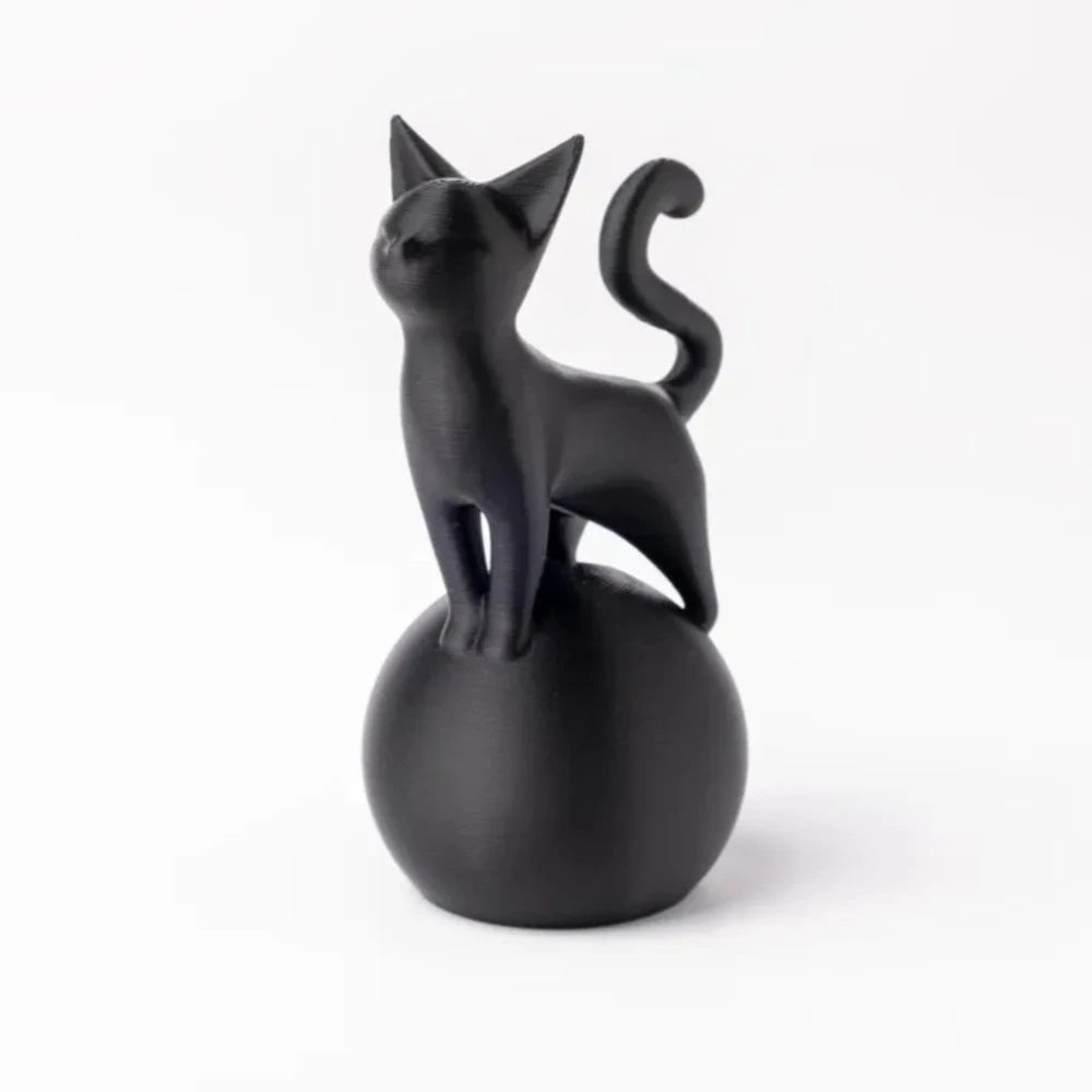 Cat Sculpture on The Ball -3D Artistic Sitting Cat Statue, Minimally Black Decoration, Cat Spherical Base Decorative Ornament