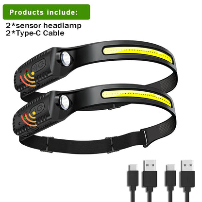 USB Rechargeable Head Torch Induction Headlamp COB LED Sensor Head Lamp Built-in Battery Flashlight 5 Lighting Modes Headlight