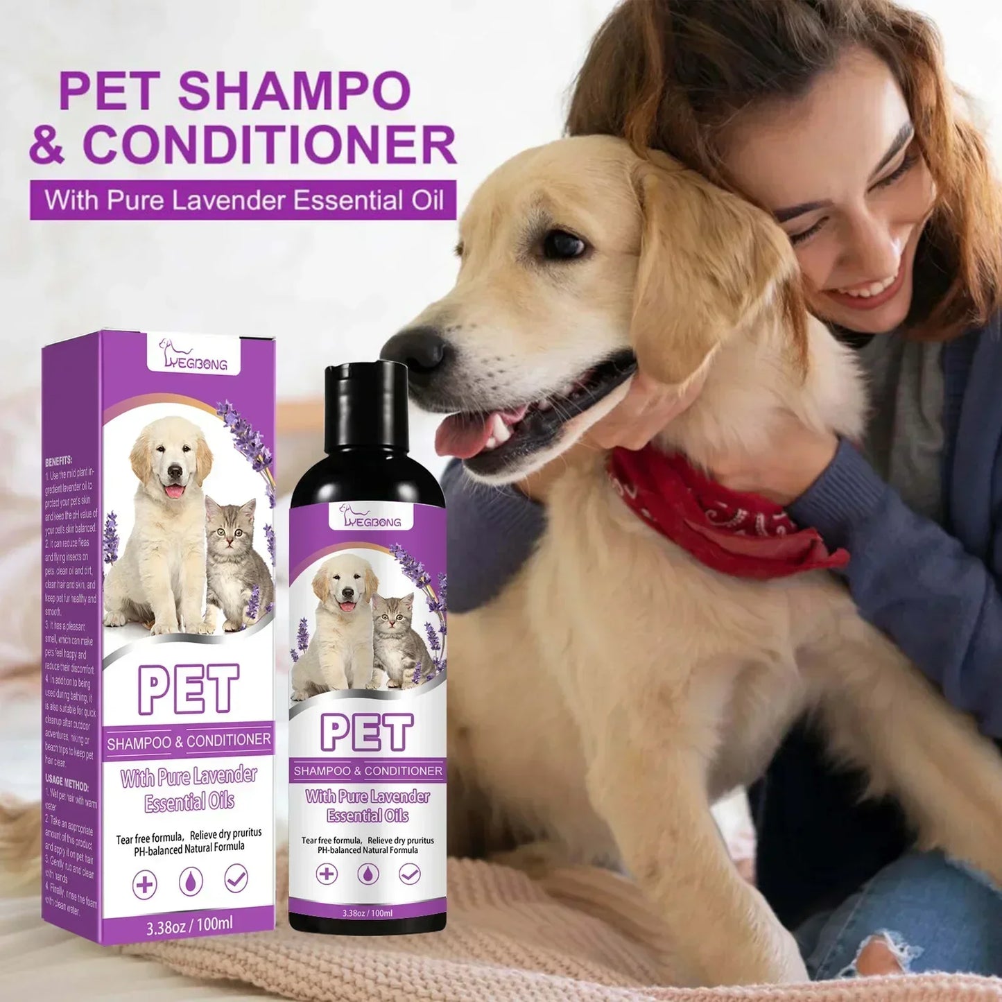 Pet Shampoo and Conditioner with Pure Lavender Essential Oils Tear Free Formula for Dogs andCats pH Balanced Gentle Groom 100ml
