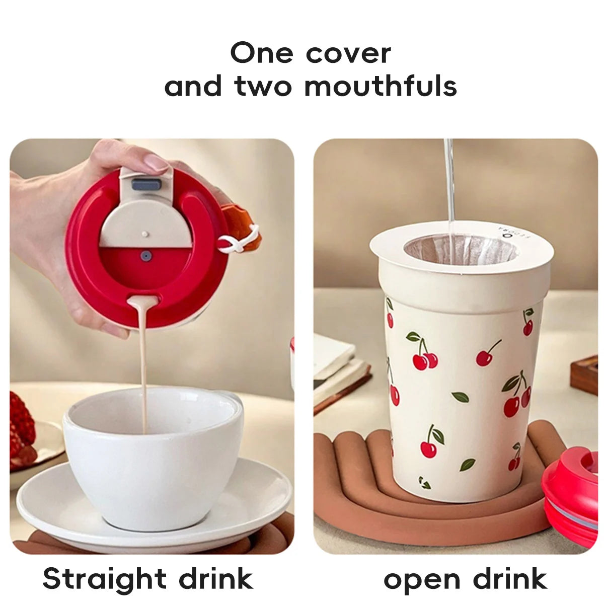350/400ML Plastic Coffee Mug With Cherry Pattern Travel Portable Water Bottle Tumbler Sealed Leak Proof Drinking Cup Drinkware