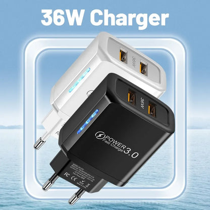 2 USB Charger 36W Fast Charging Double USB Quick Charge 3.0 for Samsung Xiaomi 14 HUAWEI OPPO Oneplus Mobile Phone Wall Adapter