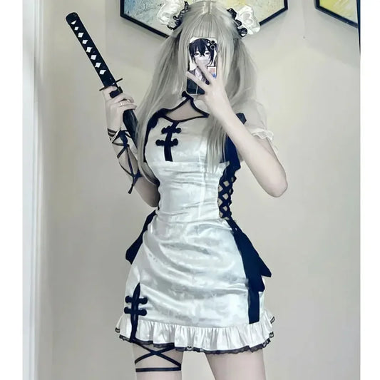 Robe de Serveuse Japonaise Lolita Blanche, Costume de Cosplay d'Halloween, Uniforme Slim Sexy Cheongsam, Princesse de Jeu