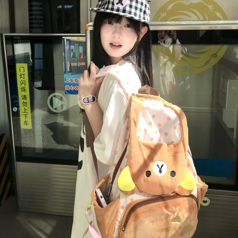 Kawaii Rilakkuma Cartoon Plush Backpack Cute Bear Younger Sister Large Capacity Student Schoolbag Lovely  Birthday Present gift