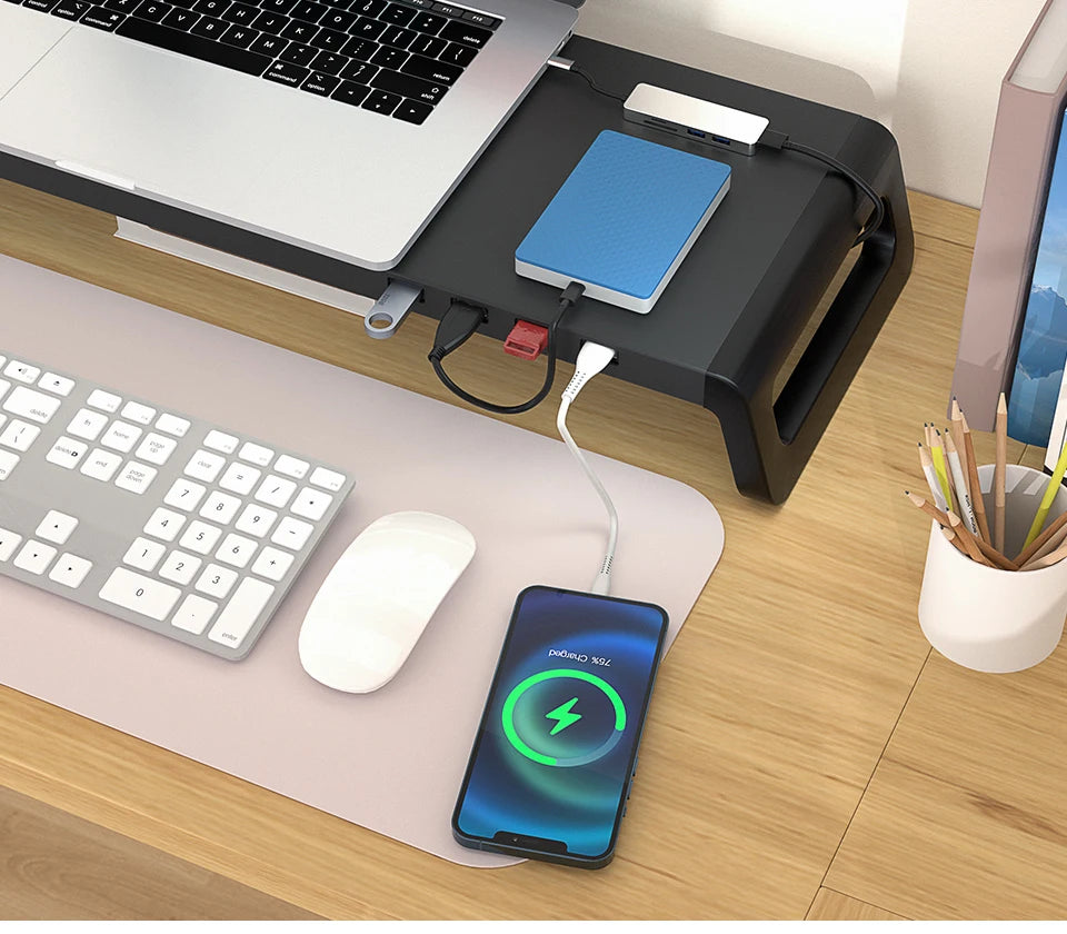 Computer Monitor Stand with 4 USB 3.0 Ports Durable Metal Monitor Support PC Keyboard Organizer Laptop Desktop Black Desk Stand