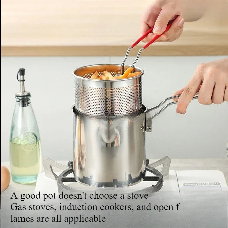 Stainless Steel Deep Fryer with Basket Multi-Purpose for Home/Commercial Tempura Chicken Frying Anti-Slip Base Cool Handle wok