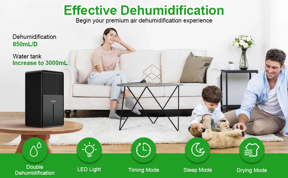 Loefme Dehumidifier 3000ml, Efficient Mode, Drying Mode, Sleep Mode, Intelligent Auto Defrost Function, Auto Shut off, 24h Timer