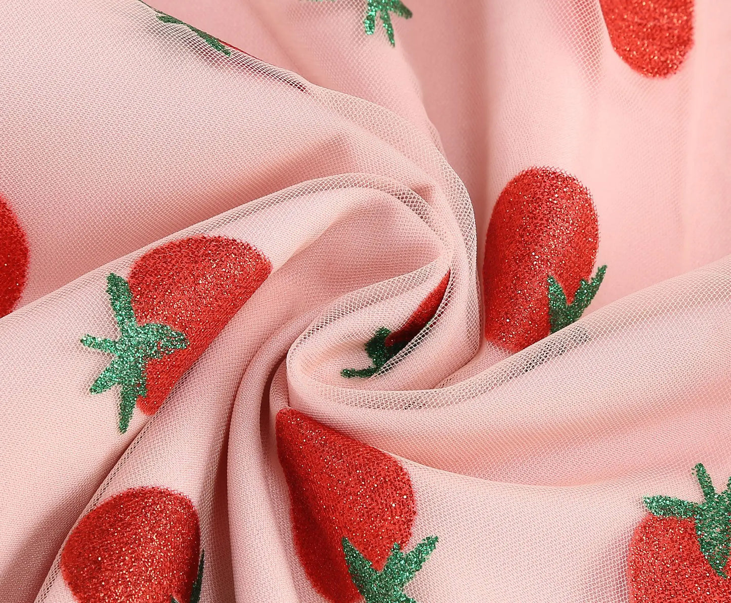 Knot Strap Strawberry Patchwork Vintage Dress 2025 Heart Flocking Valentine's Day Dress Women Birthday Party Pleated Mesh Dress