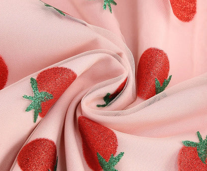 Knot Strap Strawberry Patchwork Vintage Dress 2025 Heart Flocking Valentine's Day Dress Women Birthday Party Pleated Mesh Dress