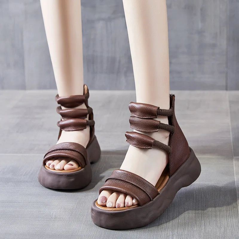 Koznoy 8cm Natural Genuine Leather Sandals Boots Flats Platform Wedge Summer Women Hollow Pumps Peep Toe Booties Mary Jane Shoes