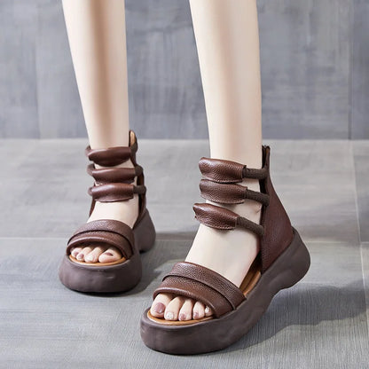 Koznoy 8cm Natural Genuine Leather Sandals Boots Flats Platform Wedge Summer Women Hollow Pumps Peep Toe Booties Mary Jane Shoes