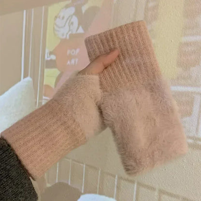 New Solid Color Plush Gloves Women in Autumn and Winter Warm Luxury Woolen Knitted Touch Screen Open Finger Half Finger Gloves
