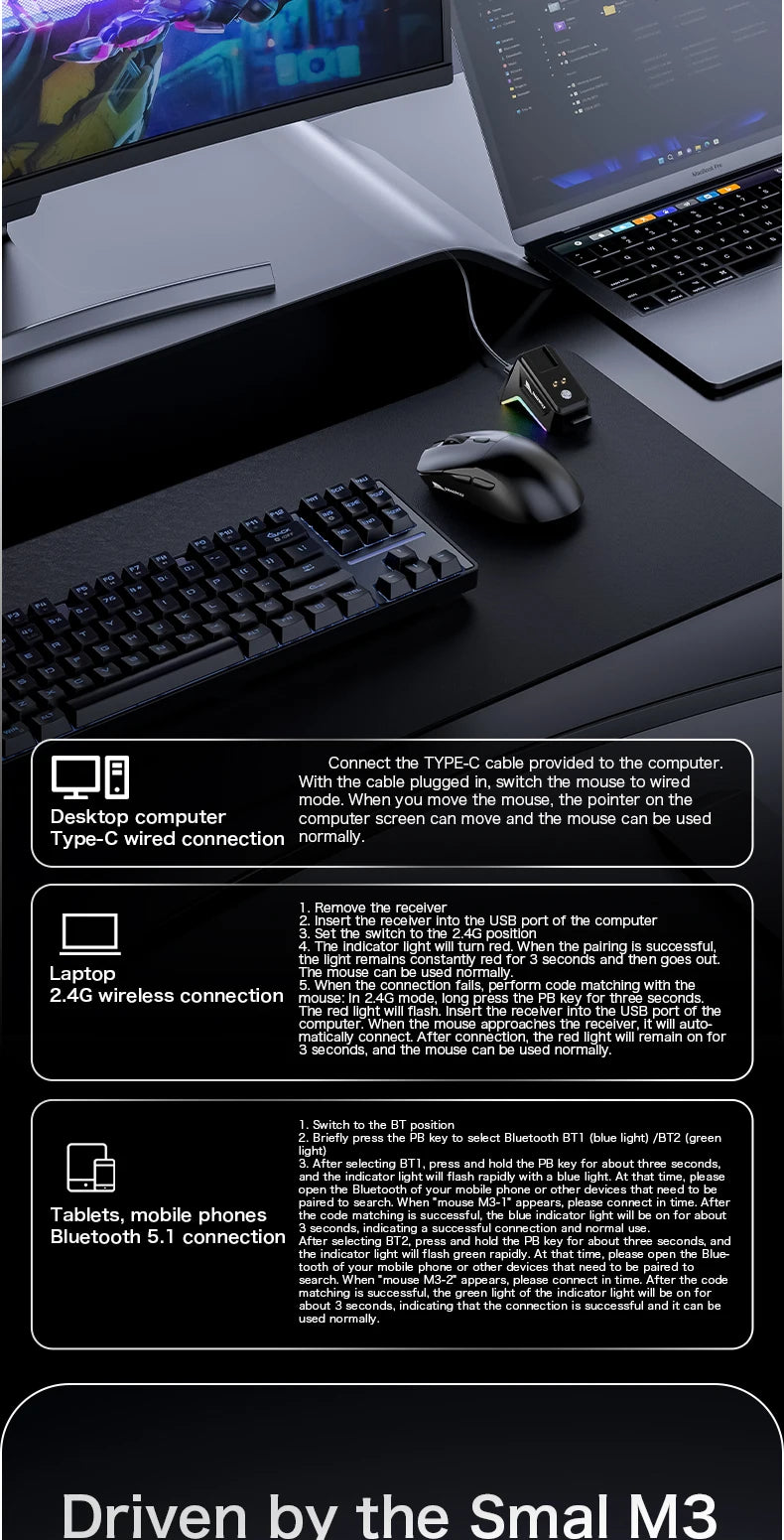 SMAILWOLF M3 PRO Wireless Bluetooth three-mode mouse E-sports gaming laptop desktop PAW3311 wired home Lightweight FPS
