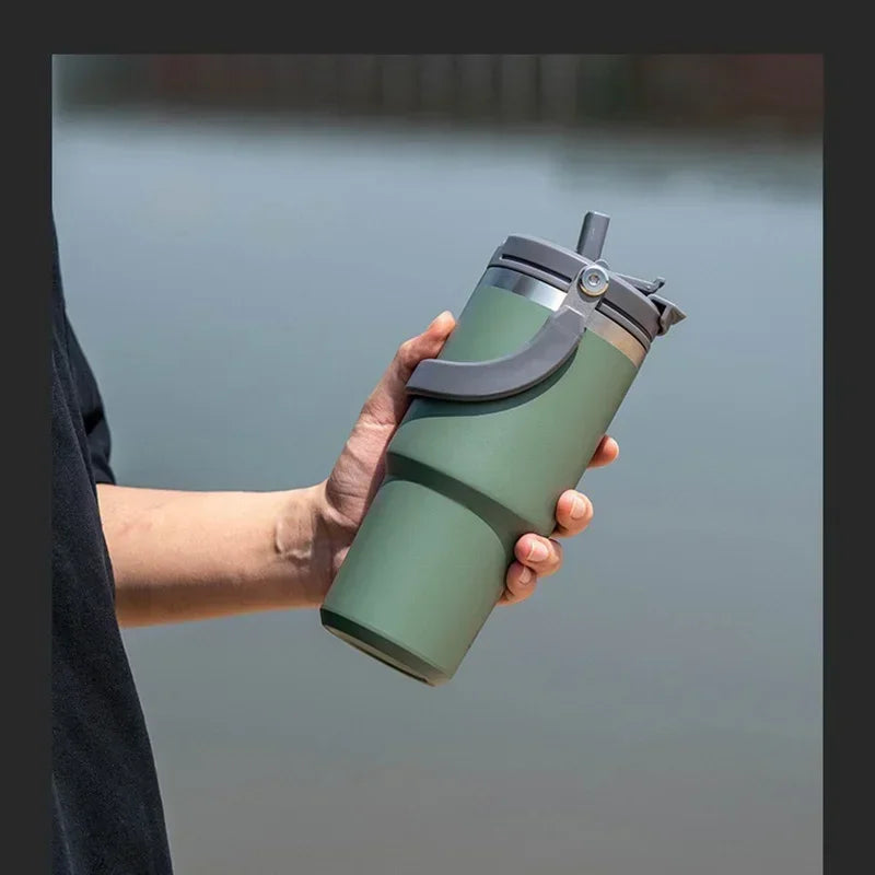 Tyeso Car Stainless Steel Insulated Cup 600/750/900ml Vacuum Thermal Cup with Straws and Handles Outdoor Portable Water Bottle