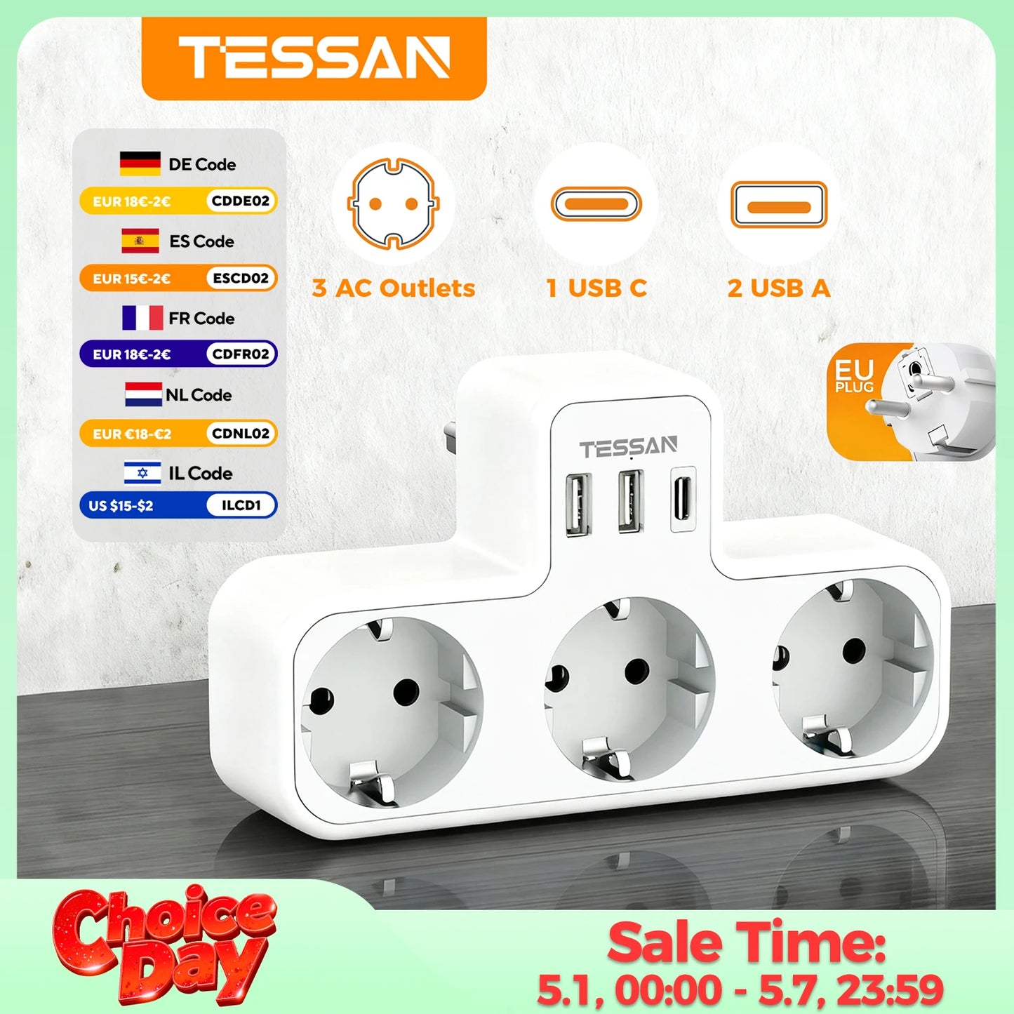 Tessan Multiple EU Standard USB Socket Wall Socket 6 in 1 Plug Socket with 3 AC Outlets with USB Charging Ports for Home Office
