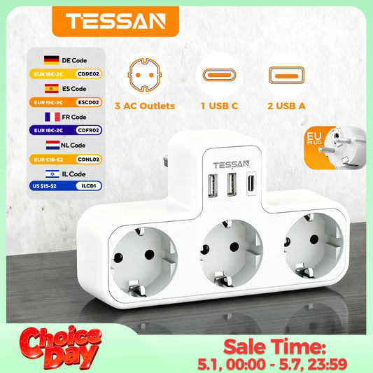 Tessan Multiple EU Standard USB Socket Wall Socket 6 in 1 Plug Socket with 3 AC Outlets with USB Charging Ports for Home Office