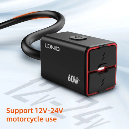 LDNIO Motorcycle USB C Fast Charger PD+QC3.0 60W Waterproof Socket Type C Cell Phone 12V/24V Vehicle-Mounted Charger Adapter